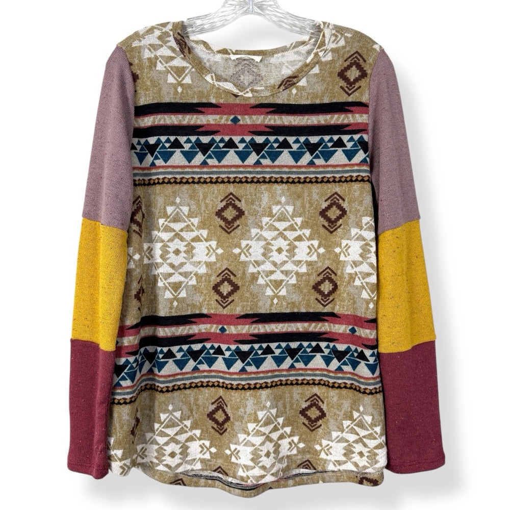 ODDI Womens Southwestern Geometric Colorblock Long Sleeve Top T63796 Large
